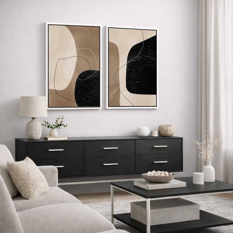 Forme Mid-Century «brun chaud et noir délavé, lignes abstraites, images murales modernes minimalistes neutres, impression sur toile encadrée 2 pièces, 16 x 24 x 2, 24 x 36 x 2