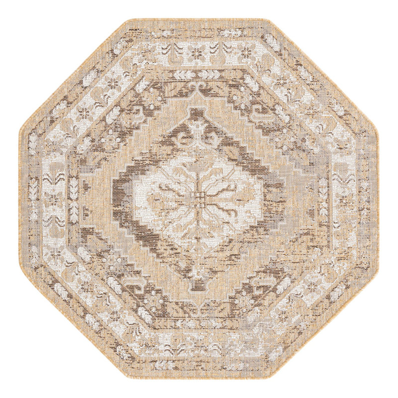 Oriental Machine Woven Polypropylene Indoor / Outdoor Area Rug in Natural, Octagon 5'3" x 5'3"