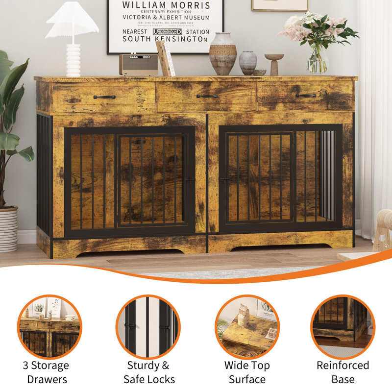 Mobilier de cage pour chien pour 2 chiens, cage double robuste pour chien avec 3 tiroirs, Brun