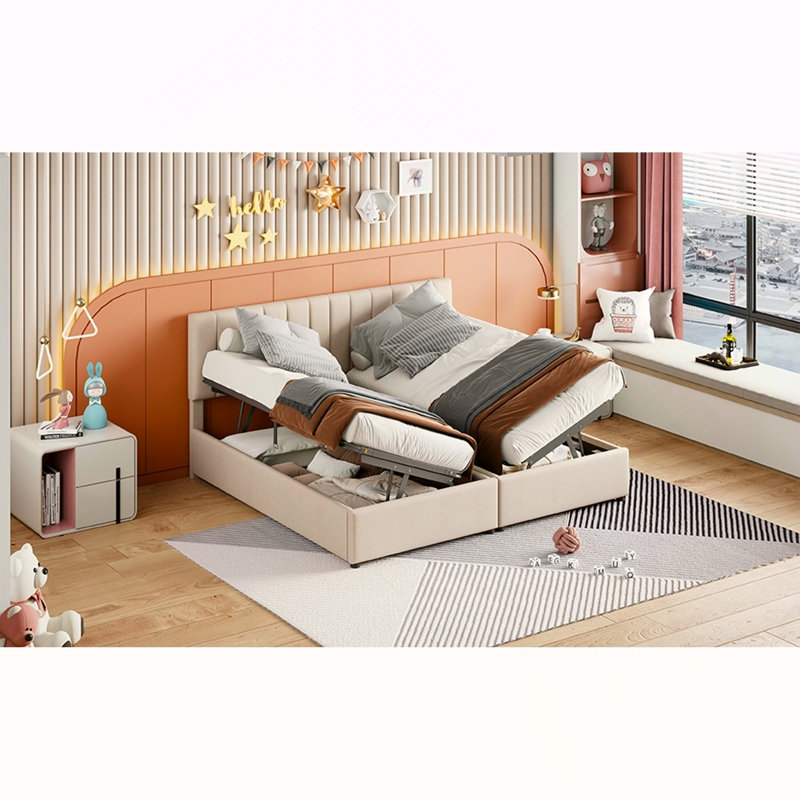 Lit tapissier hydraulique à très grand lit avec revêtement beige et grand rangement