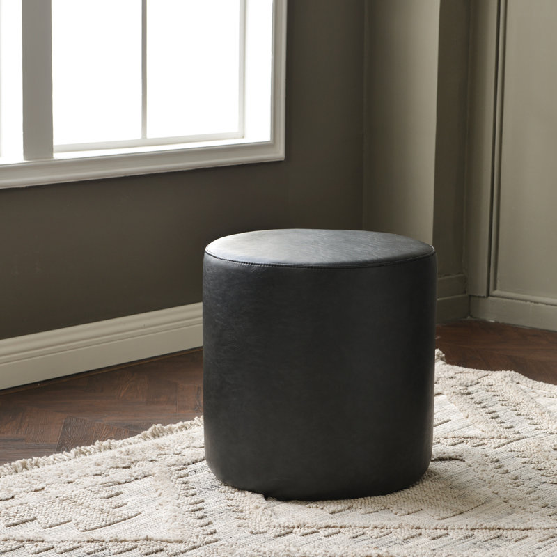 18" Wide Faux Leather Round Upholstered Ottoman, Black