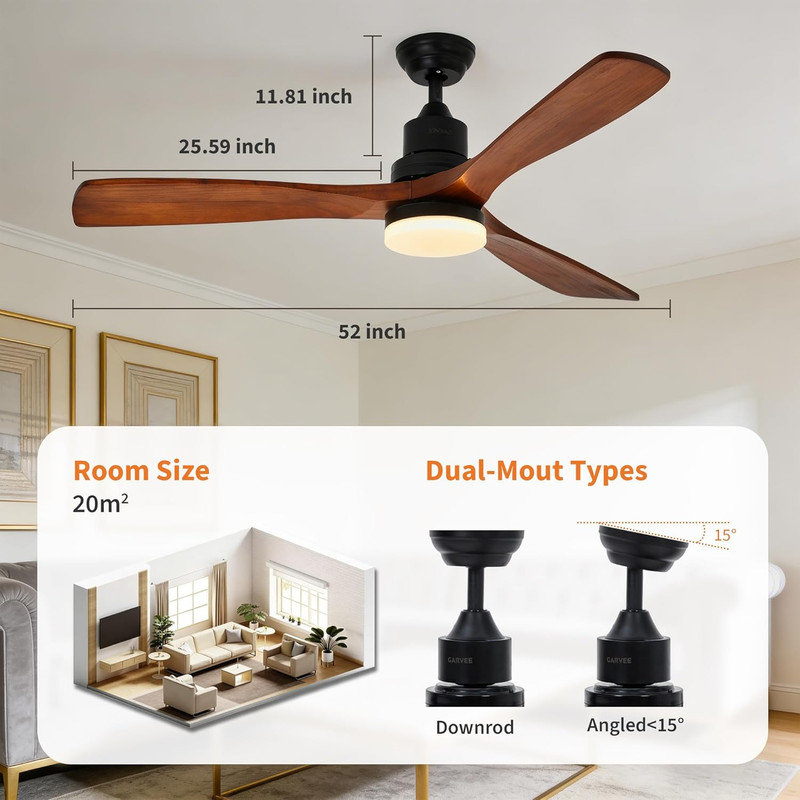 52" Modern Ceiling Fan with Lights & Remote, Solid Wood 3-Blade, Quiet Reversible DC Motor, 6 Speeds, 3CCT, APP Control for Bedroom, Living Room, Patio