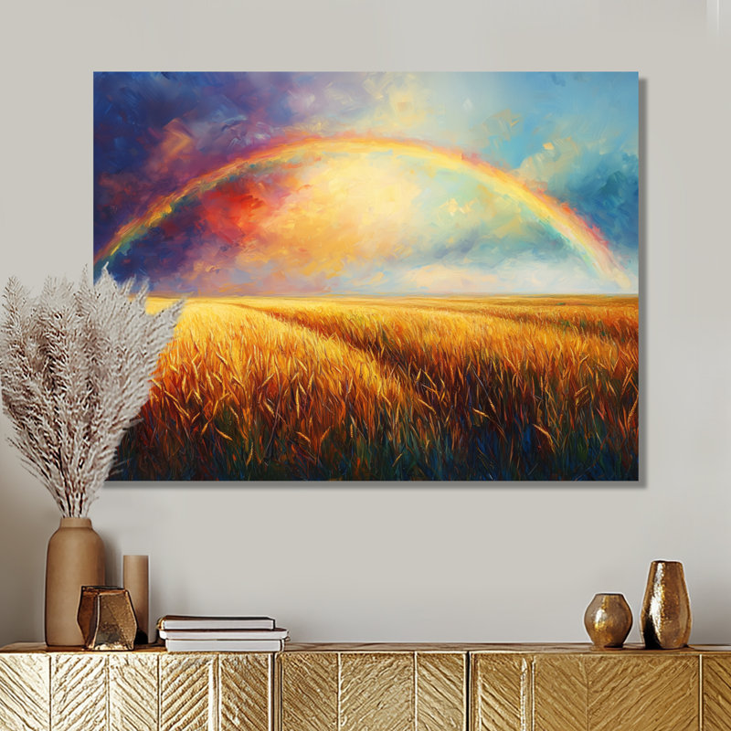 «Countryside Rainbow Over The Wheat Fields II», art mural arc-en-ciel pour le salon, H 16 po x l 32 po, Toile tendue