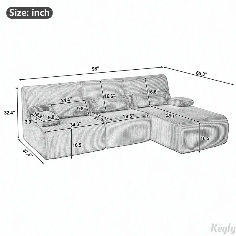 Canapé modulaire avec velours côtelé et sans assemblage, L 98 po, Velours côtelé café