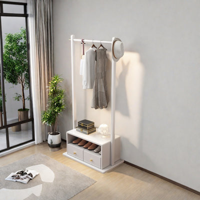 Solid Wood Coat Rack with Storage Drawers