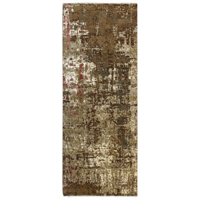 Patinated Look One-of-a-Kind 3'11" x 9'11" New Age Runner Silk and Wool Area Rug in Beige and Ivory