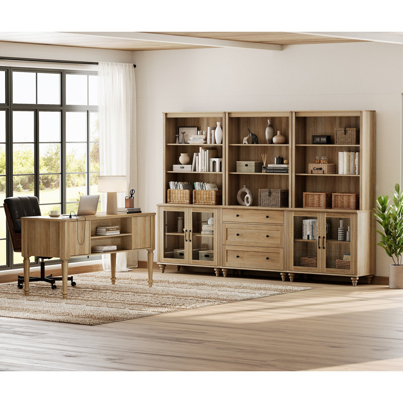 Ensemble de bureau 2 pièces, bureau double 56 po, bibliothèques avec 3 tiroirs et 2 armoires en verre, Chêne