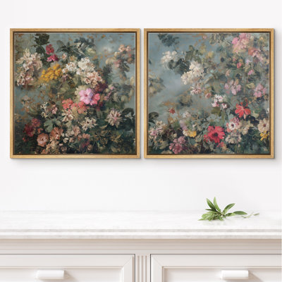 Golden Garden Bloom Botanical Floral Wall Decor Framed Master Bedroom Wall Art Work 2 Pieces Print