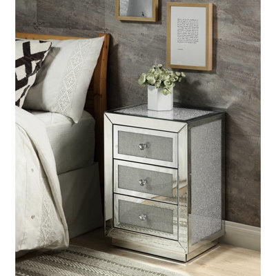 Table d'appoint en miroir et faux diamants - rectangulaire, rangement contemporain avec support à 3 tiroirs, lueur argentée, métal et bois synthétique, prêt à transformer votre espace