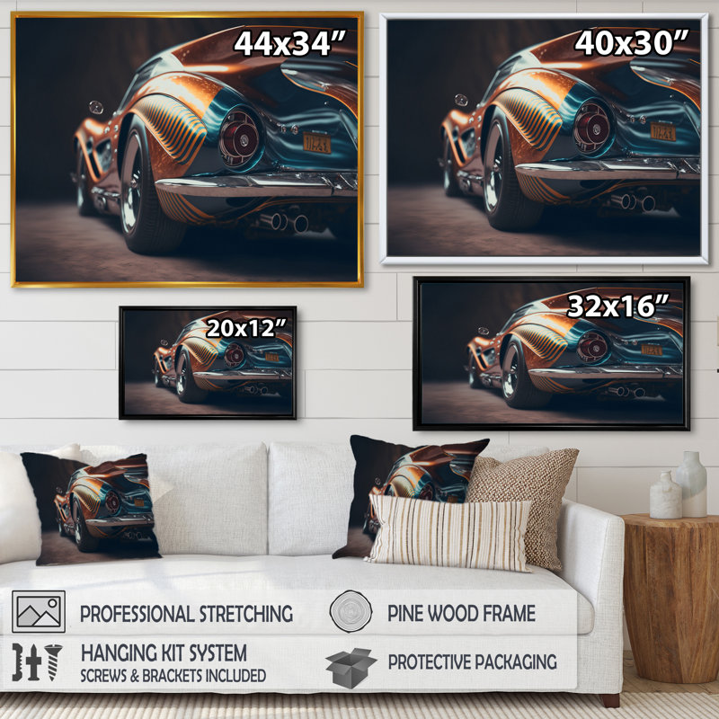 Gros plan d'une voiture rétro classique V - reproduction sur toile, H 12 po x l 20 po x P 1 po, Cadre flottant doré