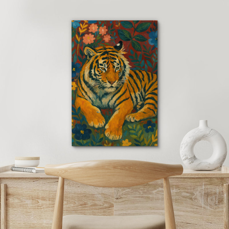 «Majestic Tiger Entoured by Colorful Botanical Accents on Deep Tones», reproduction d'art sur toile encadrée, Toile tendue