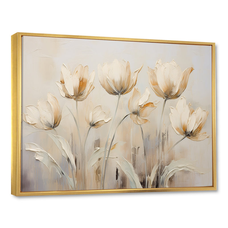 Beige embelli des tulipes Symphony I - tulipes, art mural, H 16 po x l 32 po x P 1 po, Cadre flottant doré