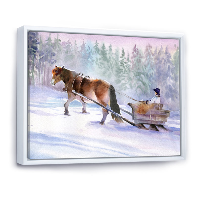Cheval avec un traîneau dans un paysage enneigé - Peinture sur toile, Cadre flottant blanc, H 16 po x l 32 po