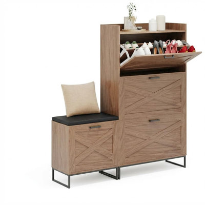 52 inch Brown Farmhouse Shoe Cabinet with Bench for Entryway 3 Flip Drawers Storage Shoes Organizer Narrow Hidden Shoe Rack Cabinet for Hallway Closet Living Room Entrance