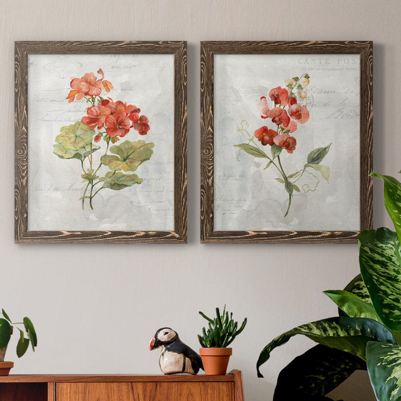 Lin géranium - ensemble de 2 reproductions d'art, H 24 po x l 36 po x P 1,5 po, Toile avec cadre en noyer, Pas de tapis