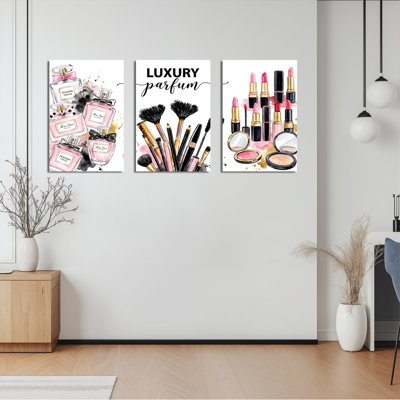 Luxury Parfum Makeup And Cosmetic Accessories Canvas Wrapped Wall Art Oil Painting Print Set Of 3 For Bedroom Bathroom Or Salon Decor