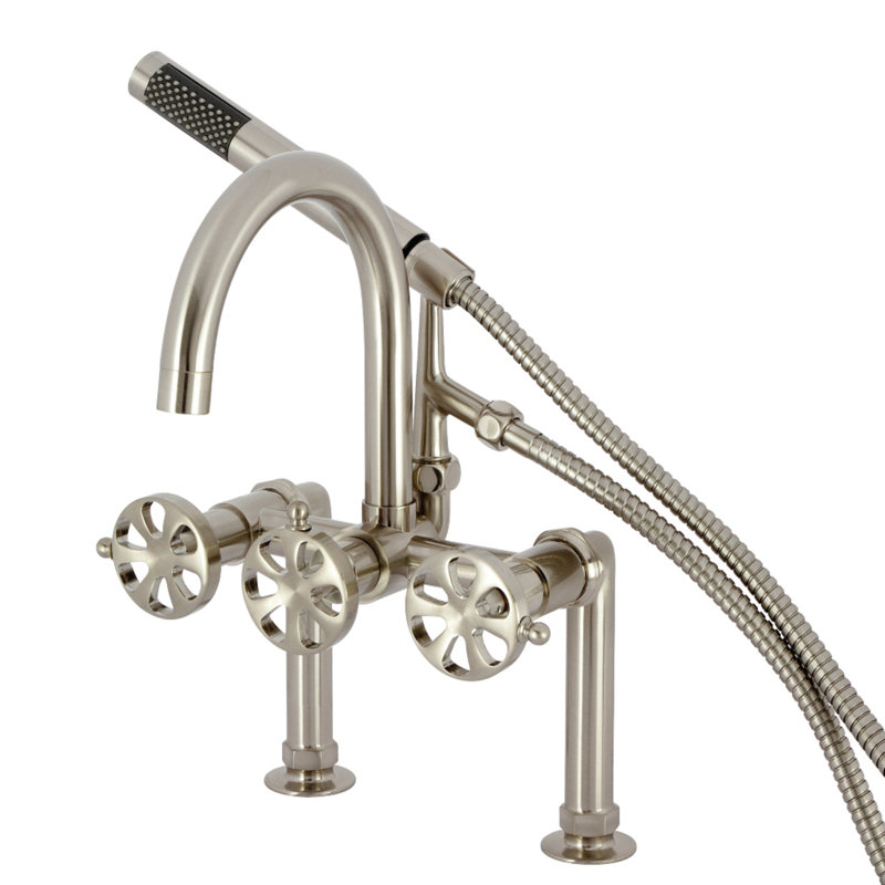 Robinet de baignoire à pattes à fixation sur le comptoir à trois poignées avec douchette Belknap, Or