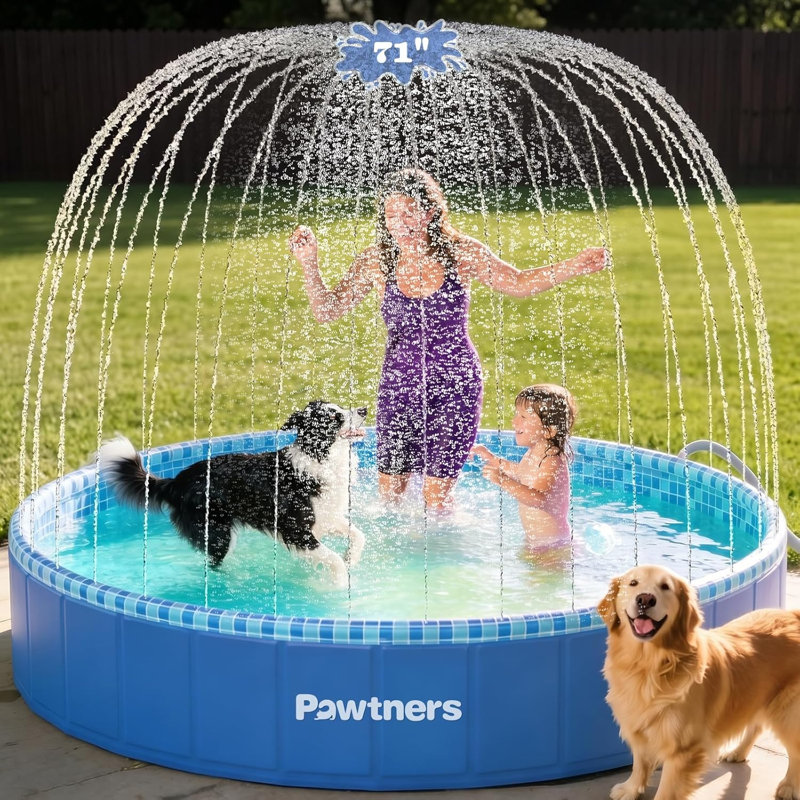 70" Round Foldable Splash Pool With 360° All-Around Water Spray,  PVC Kiddie Pool For Kids Adults Dogs, Collapsible Wading Pool With Drain Port, For Backyard Summer Outdoor Fun