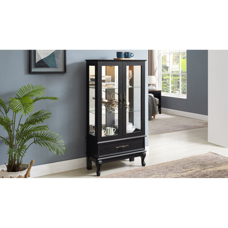 Lighted Curio Cabinet With Glass Doors And Adjustable Shelves 2 Door Wine Cabinet Display Curio Cabinet With LED Lights Light Black Finish And Drawer For Home Decor And Storage