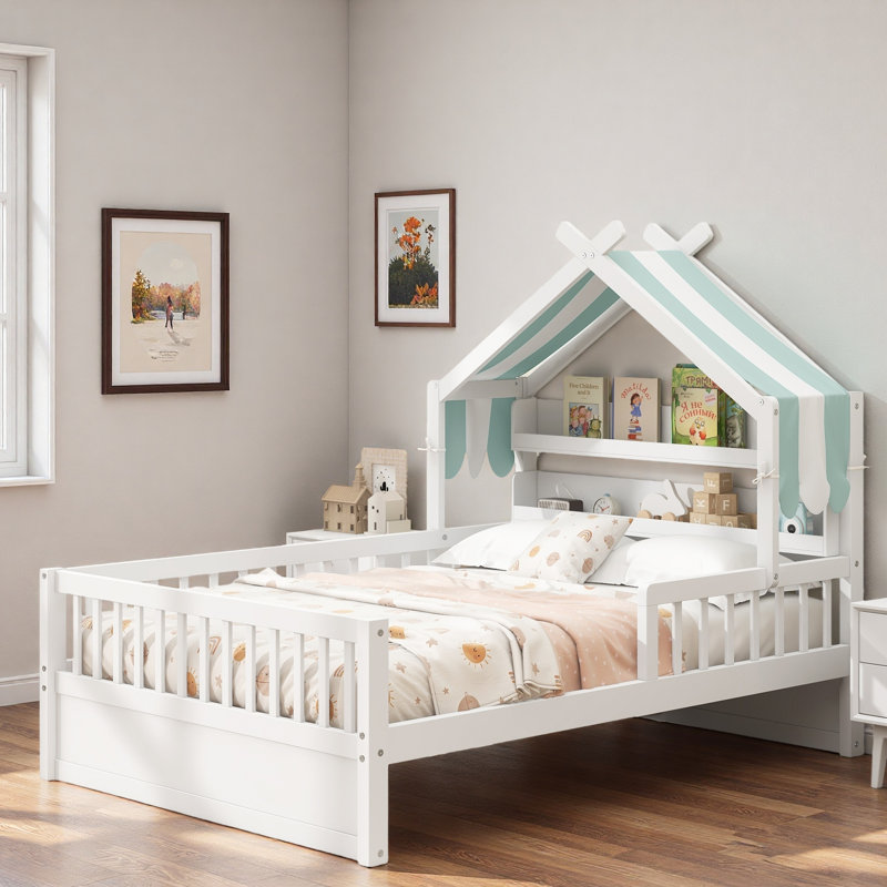 Lit maison en bois avec tablettes de tête de lit, Twin, White