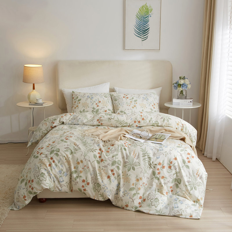 Ensemble de housse de couette en coton floral, Housse de couette pour grand lit et 2 taies décor, Floral beige