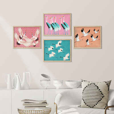 " Crane Bird Pattern Pink Polka Dot Animals " 4 - Pieces