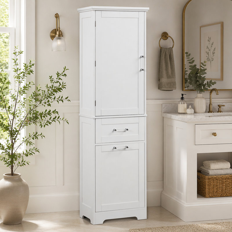 Grande armoire de rangement pour salle de bain, armoire de rangement autoportante avec deux tiroirs de tailles différentes et tablette réglable, panneau de fibres à densité moyenne avec finition peinte, blanc