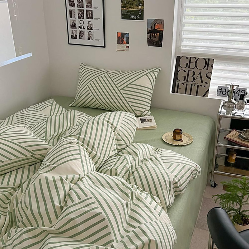 Modern Design 100% Cotton Duvet Cover Set, Queen Duvet Cover + 2 Standard Pillowcases, Green Striped