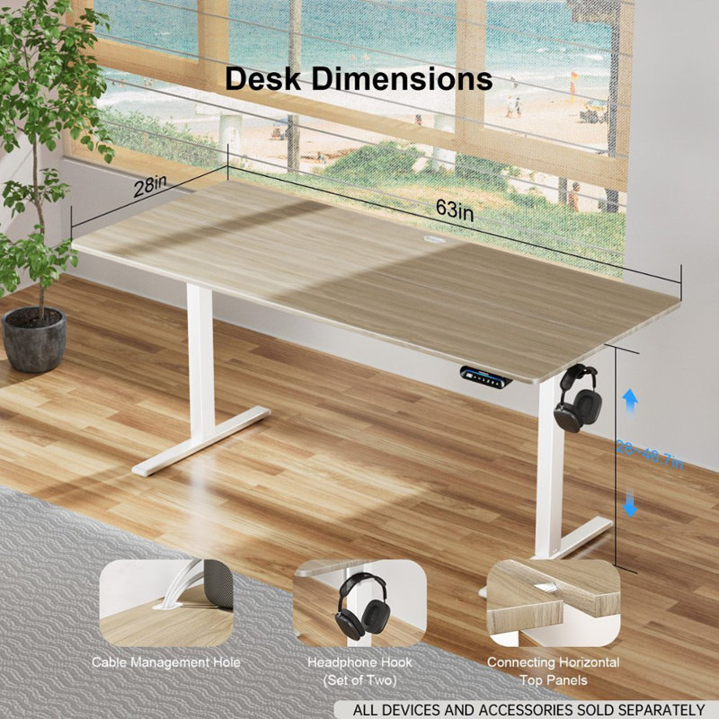 Très grand bureau pour travailler debout électrique réglable en hauteur, Crème / Blanc, L 62,99 po x P 27,56 po