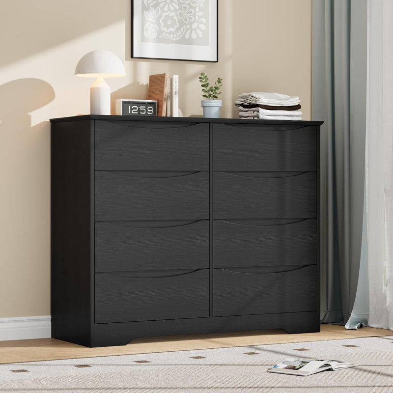 Commode 8 tiroirs en bois pour chambre à coucher, grande commode de rangement avec plateau large, noir, Noir