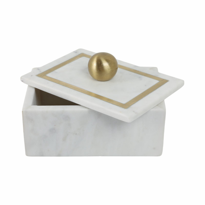 Elegant White Marble 7" x 5" Decorative Storage Box with Gold Knob