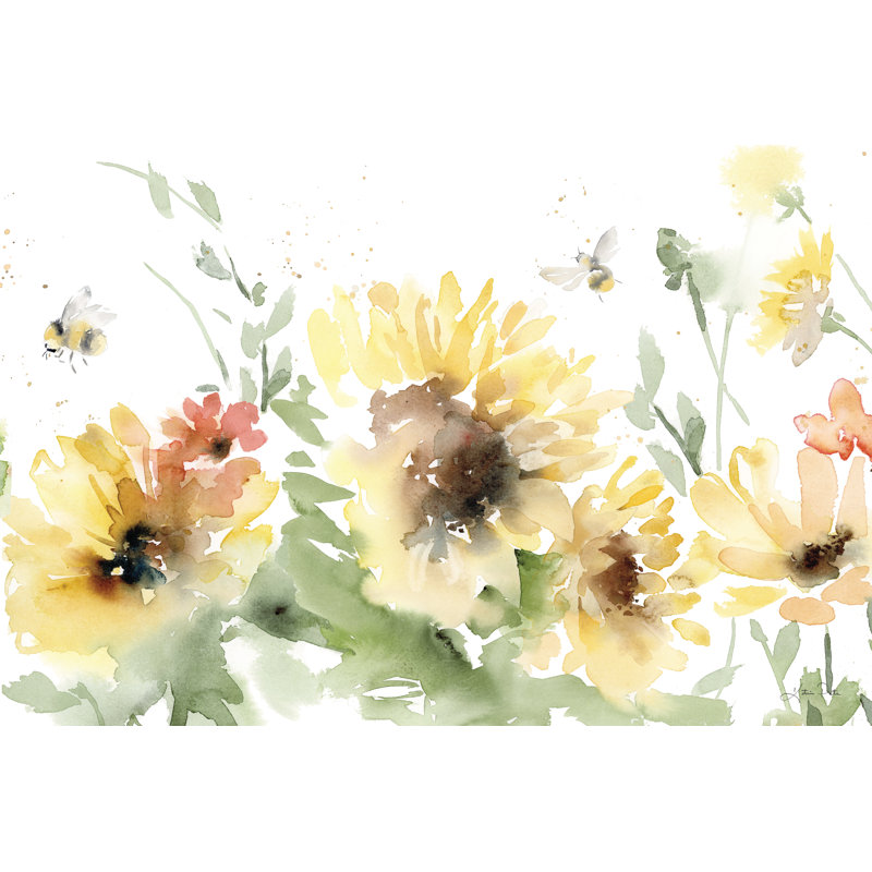 Tournesol prairie VI par Katrina Pete - Peinture, Pas de tapis, H 24 po x l 36 po, Toile avec cadre noyer