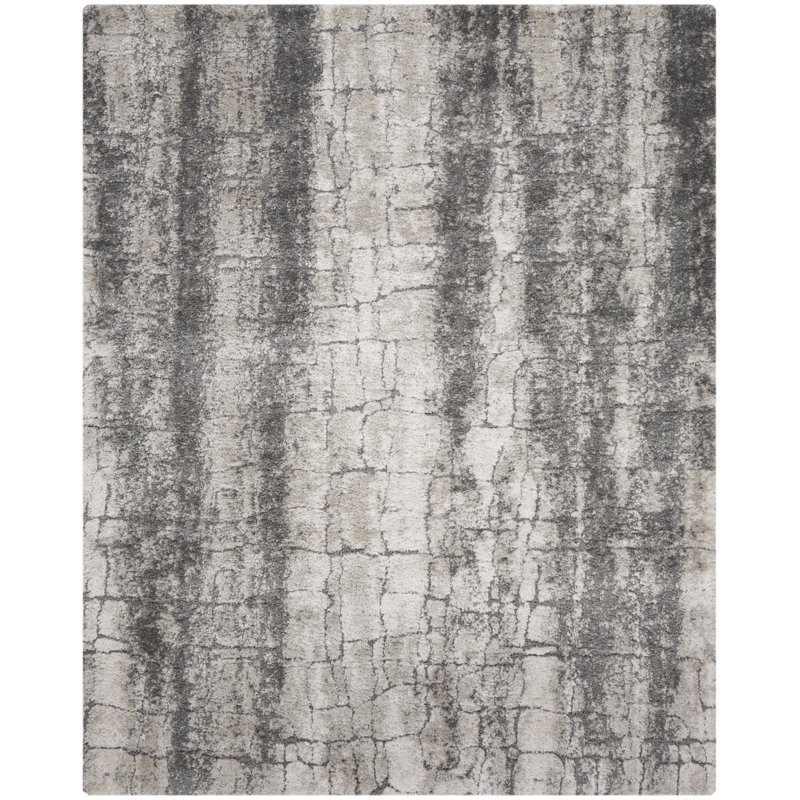Tapis gris anthracite et ivoire à poils longs 8 pi x 10 pi