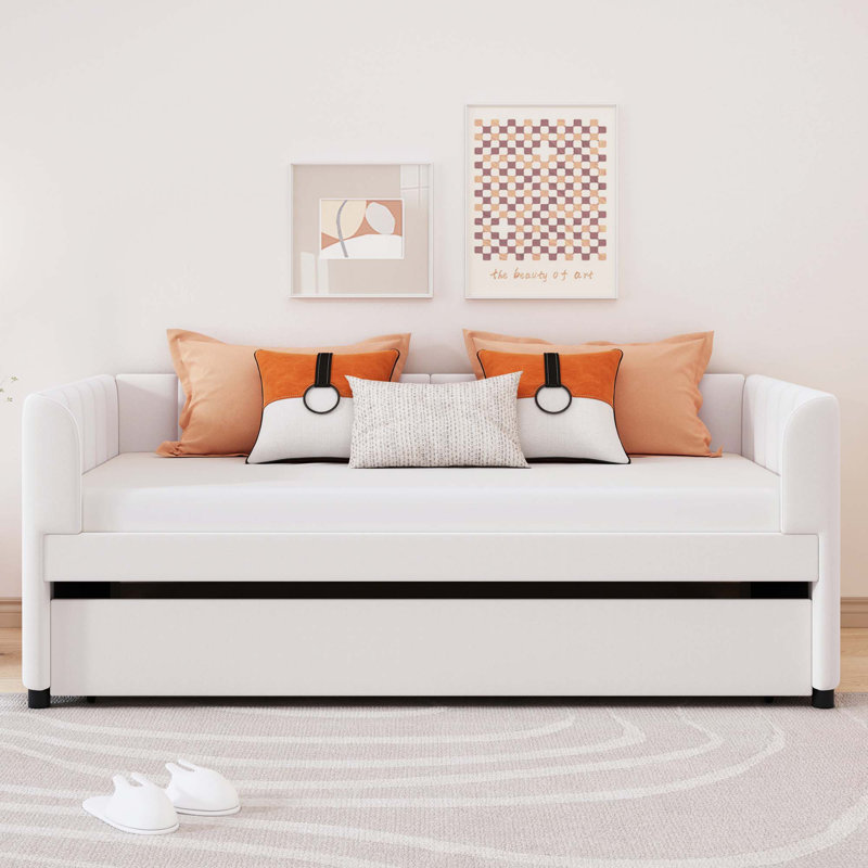 Lit de jour simple rembourré avec dossier ergonomique et lit gigogne, Beige