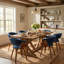 Chaises de salle à manger rembourrées modernes, tissu bleu avec pieds en bois, siège et dossier rembourrés doux, chaises d'appoint de cuisine et de salle à manger scandinaves-640190671-640190659