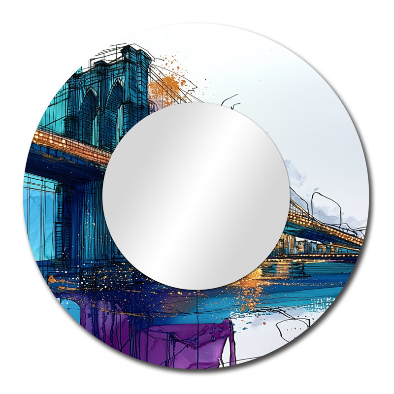 Abstrait pont de Brookyln en réflexion turquoise - décoration murale miroir New York City - imprimé sur métal, 29 po x 29 po