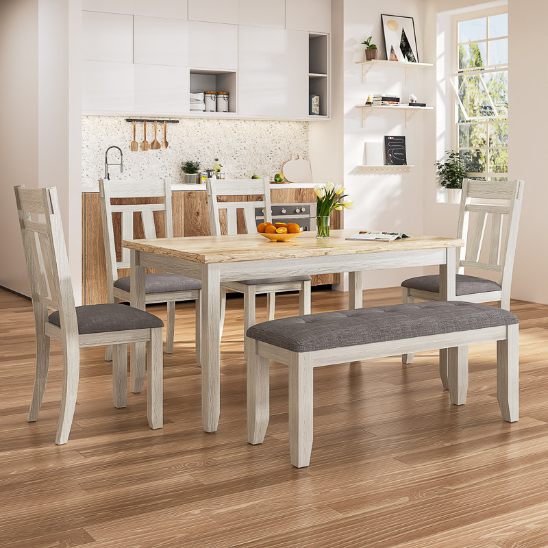 Ensemble de table de salle à manger 6 pièces en bois massif avec 2 tiroirs, 4 chaises et 1 banc, ensemble de salle à manger en bois d'hévéa