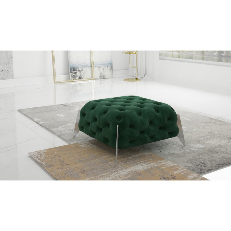 Juneri 80 cm W Velvet Tufted Square Footstool, Bottle Green