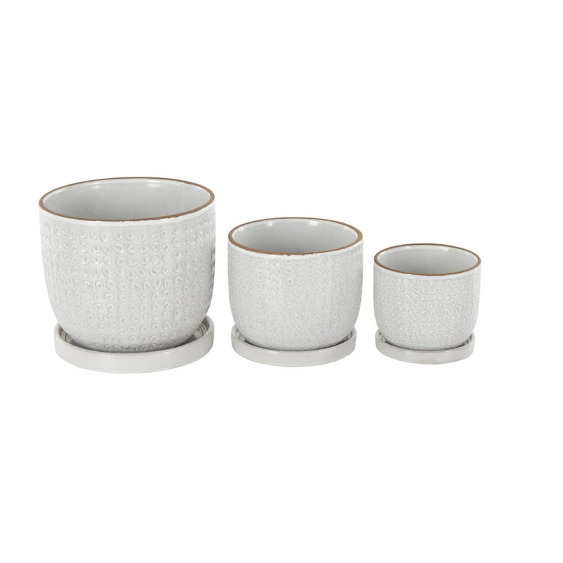 Cole And Grey 3 Piece Ceramic Abstract Circle Patterned Planter With Brown Accents And Base Tray Set