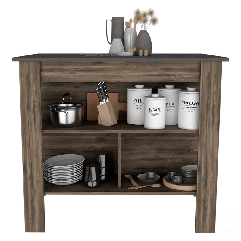 Kitchen Island, Kitchen Table 35" H, Four Legs, Three Open Storage Shelves, Brown Oak/Black