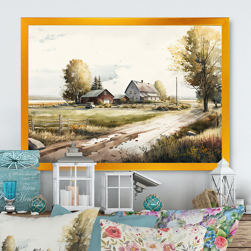 Path to the Barn II - ferme / campagne, art mural sur toile, H 12 po x l 20 po x P 1 po, Cadre doré