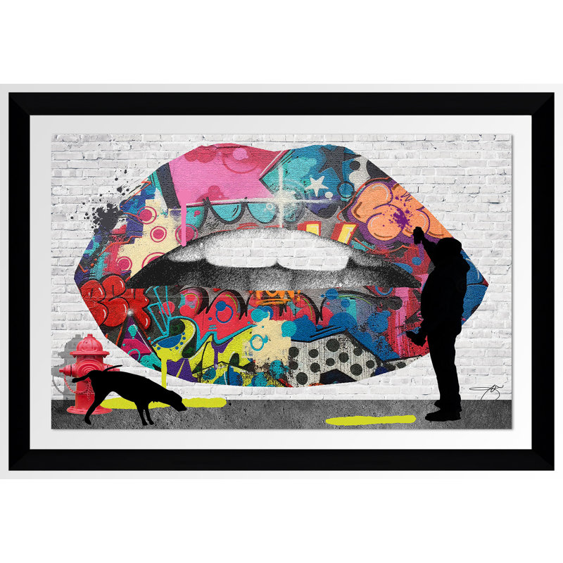 « graffitti lèvres », reproduction d’impression encadrée, H 21,5 po x l 27,5 po x P 0,75 po