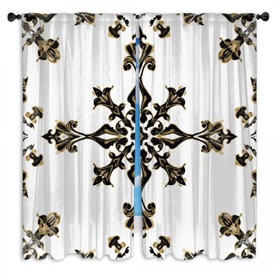 Ornement de rideaux de fenêtre à motif damas noir et doré obscurcissant - 2 panneaux