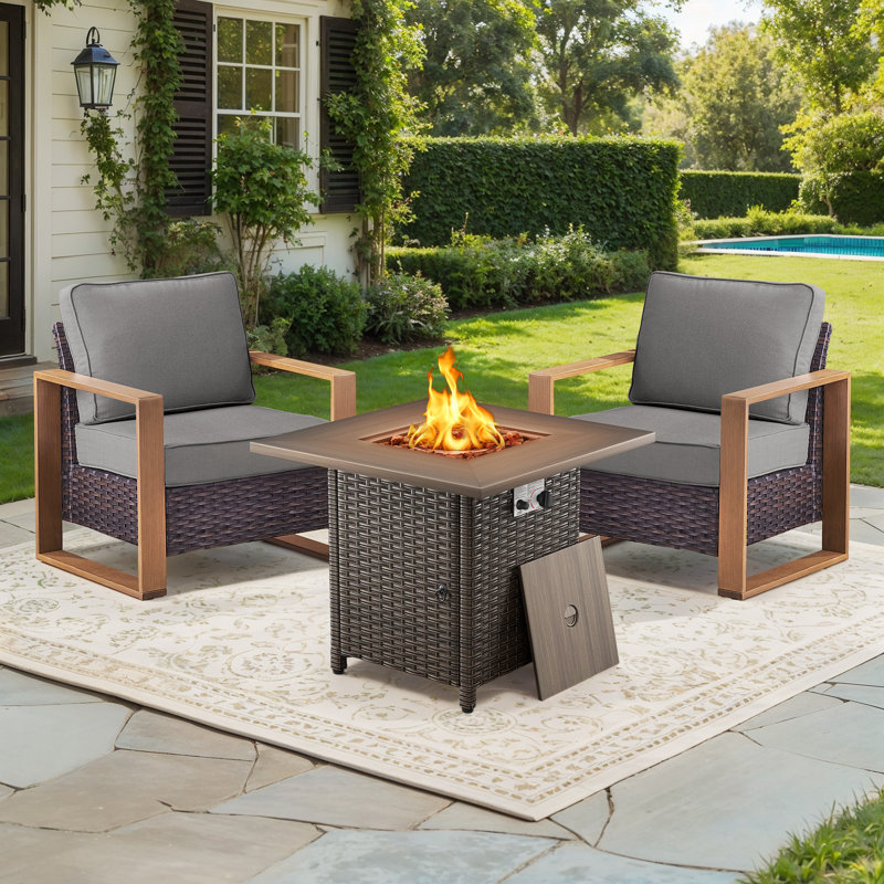 Drazen 2 - Person Patio Furniture Set With Fire Pit Table, All-Weather Wicker Outdoor Conversation Set With Chair And Thick Cushions