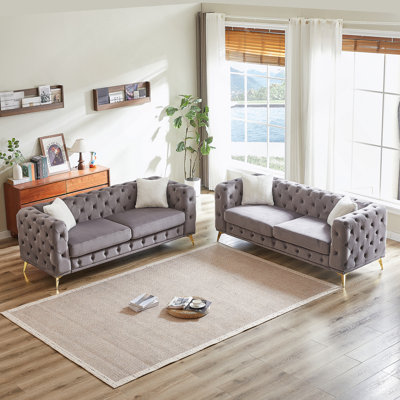 3-Seater + 3-Seater Velvet Combo Sofa With Wood Frame, Metal Legs & 4 Cushions - Living Room & Office Furniture