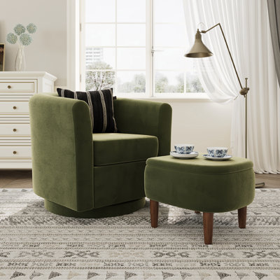 Upholstered Swivel Barrel Chair with Storage Ottoman, 24.5″ Wide Small Accent Chair, 360° Rotation