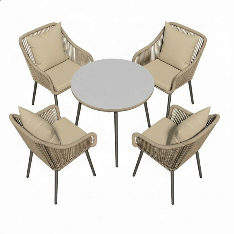 5-Piece All Weather Twisted Rattan Wicker Patio Dining Table Set  With Umbrella Hole And Beige Cushions