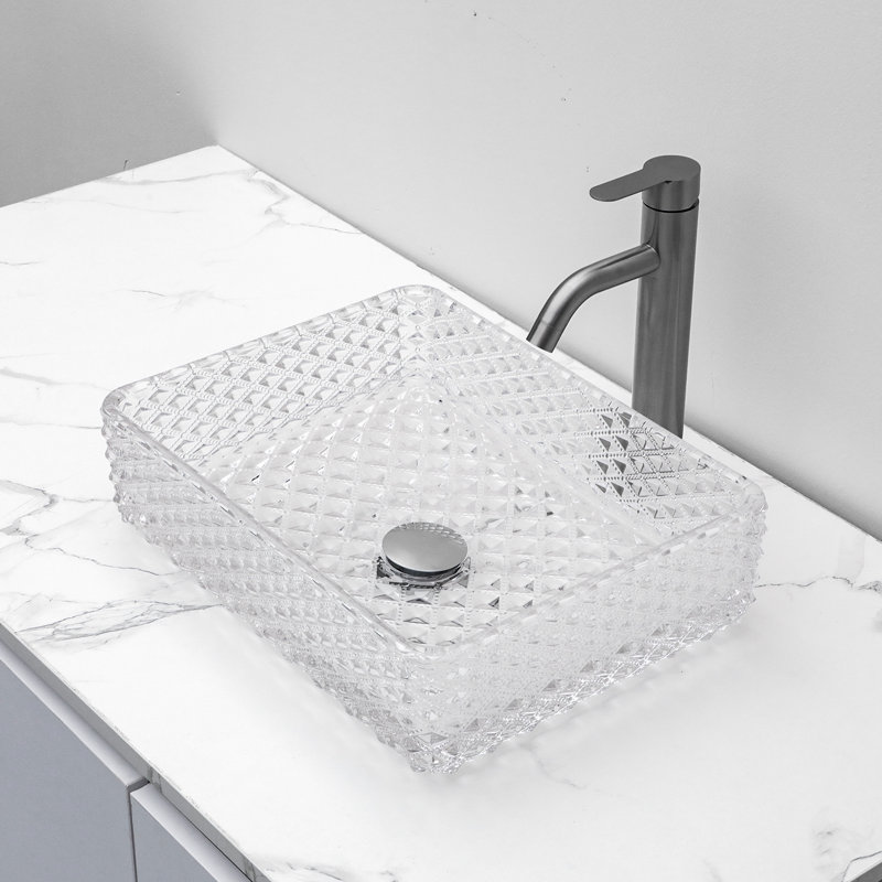 Lavabo de salle de bain vasque rectangulaire 17,3 po en forme de losange en verre avec drain escamotable
