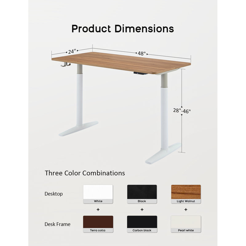 Electric Height Adjustable Standing Desk with Round Tube Column, 46" H x 48" W x 24" D, Light Walnut/White