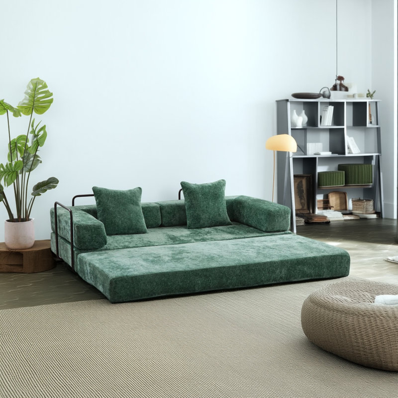 Canapé-lit à dossier en chenille vert foncé
